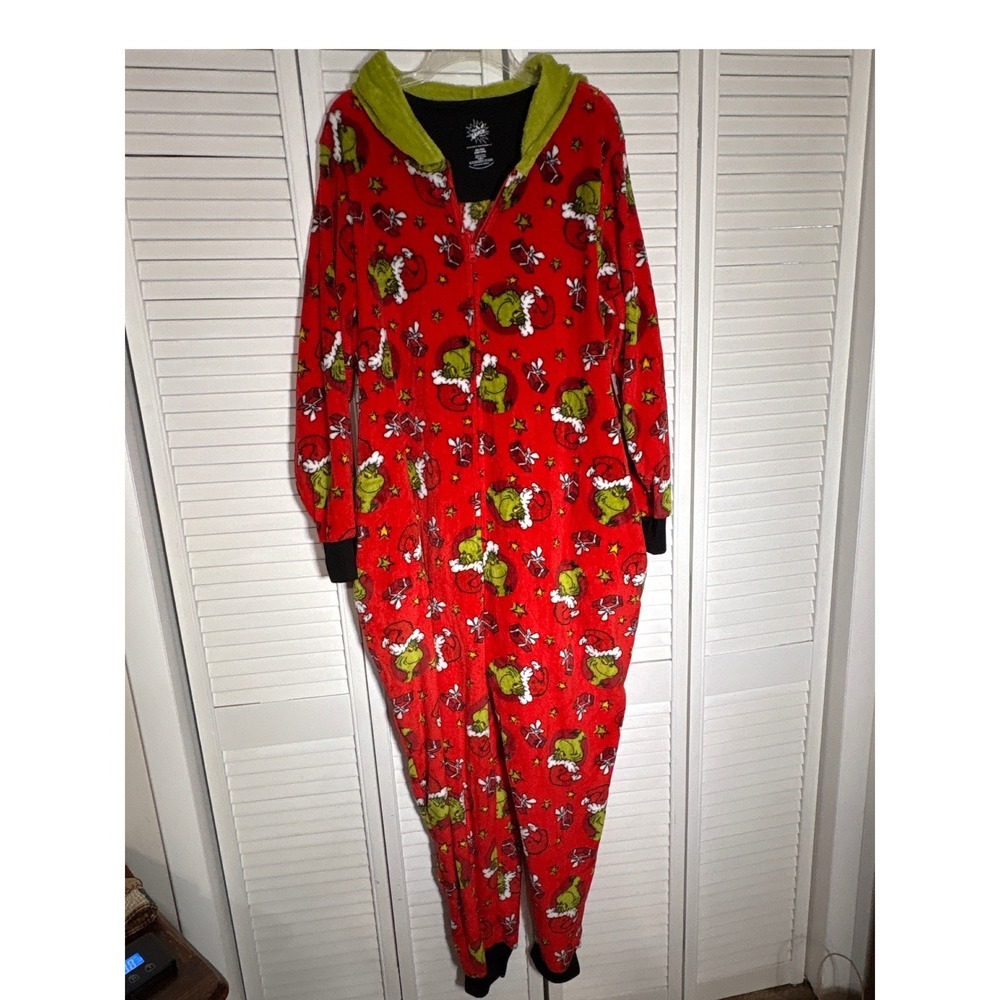 Dr Seuss The Grinch Red Fleece Hooded Union Suit Pajamas 3XL 22W-24W One Piece